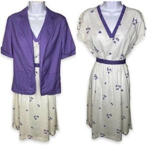 Vintage Women's A-Line Dress Blazer Set Purple Butterfly Button V-Neck